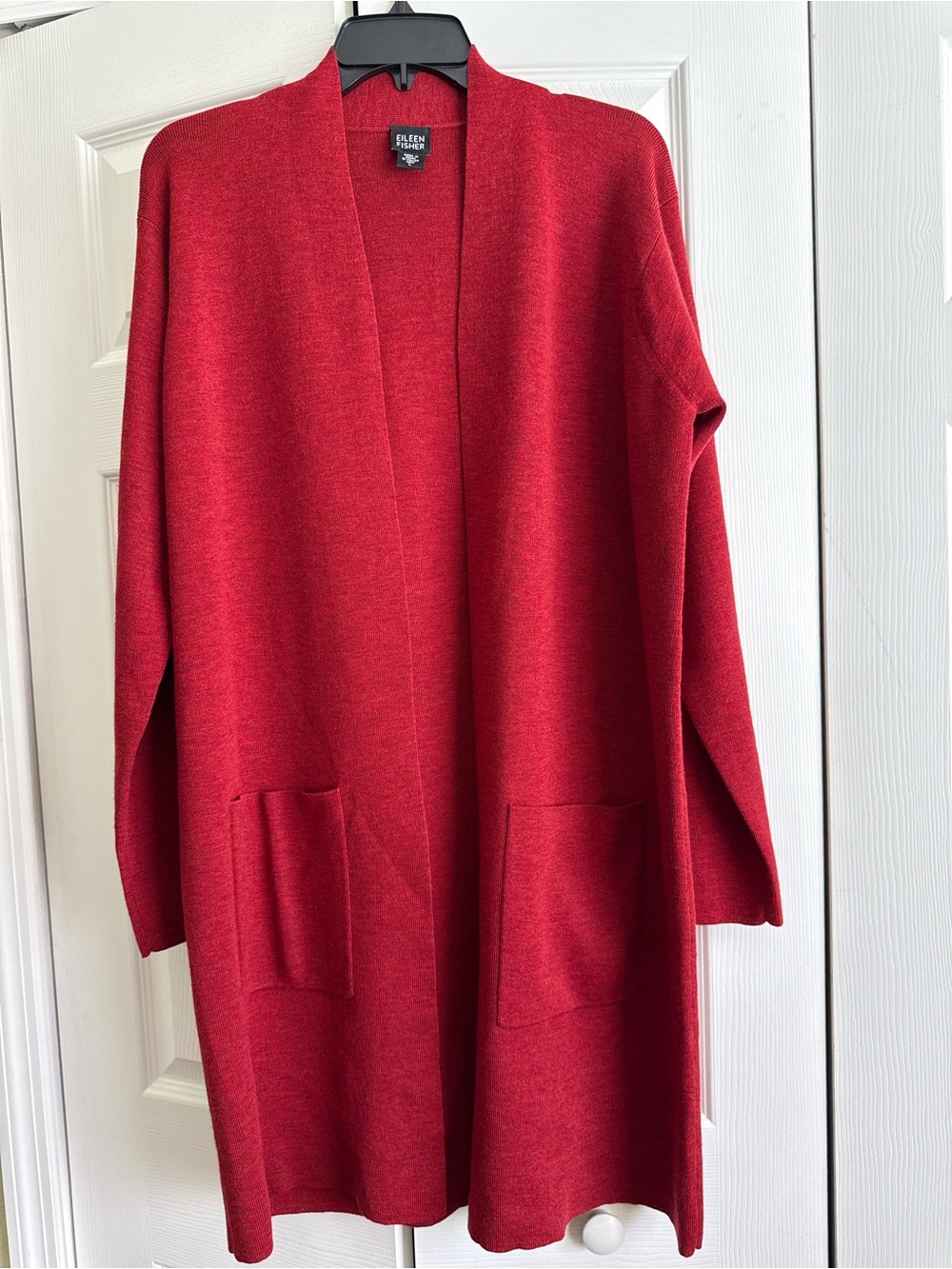 Eileen Fisher 100% Wool Open Front Long Cardigan Red Rust Italian Yarn